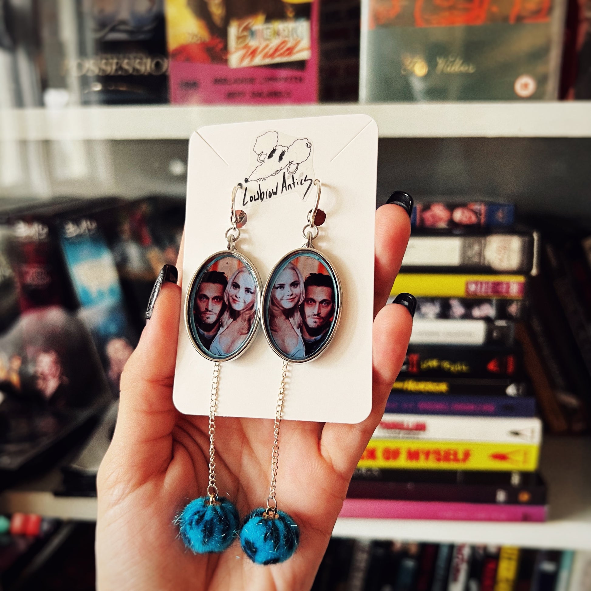 Handmade Buffalo '66 inspired drop earrings for indie film fans.