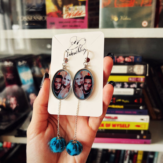 Handmade Buffalo '66 inspired drop earrings for indie film fans.