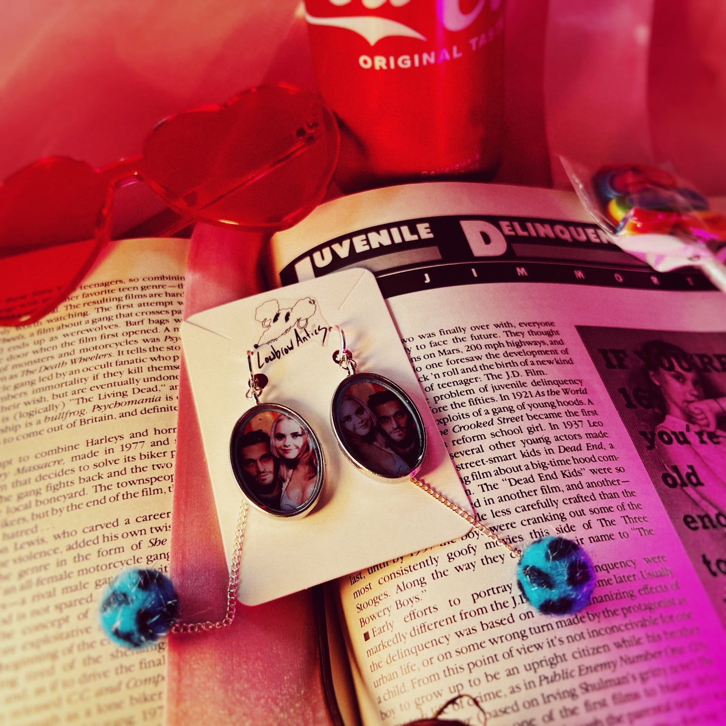 Handmade Buffalo '66 inspired drop earrings for indie film fans.