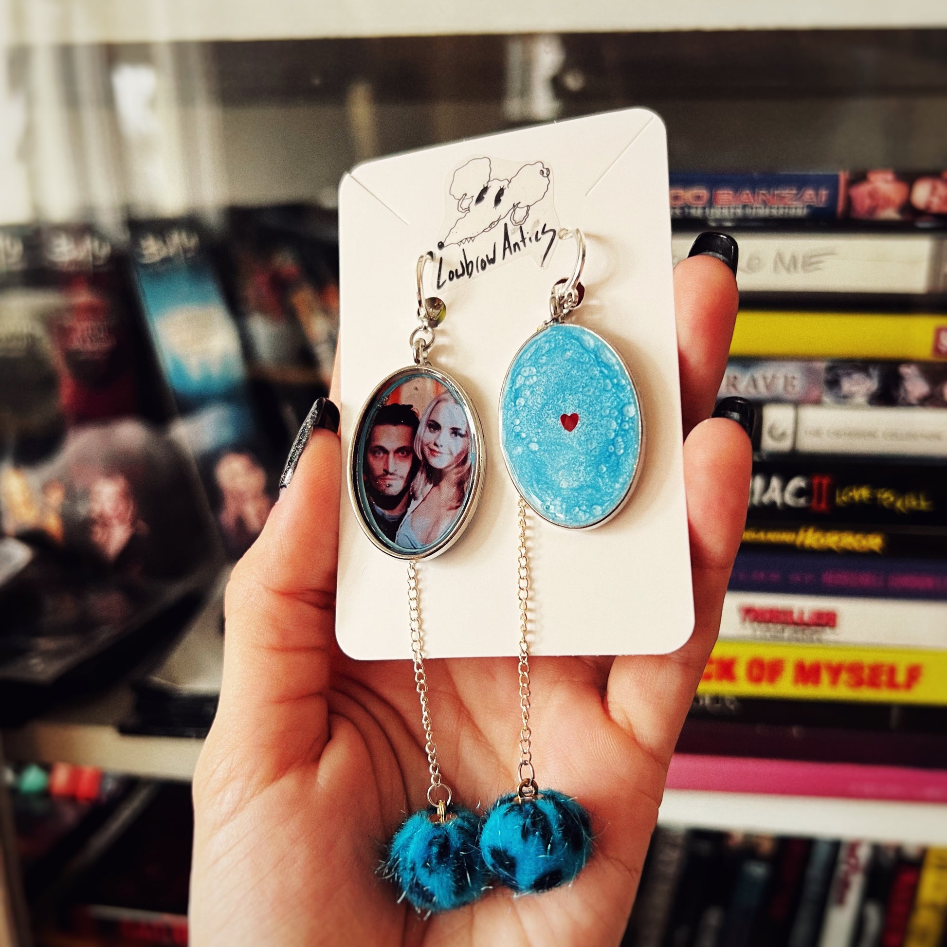 Handmade Buffalo '66 inspired drop earrings for indie film fans.