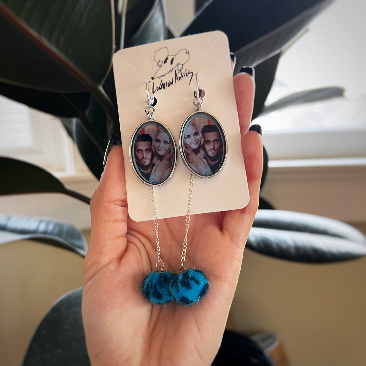 Handmade Buffalo '66 inspired drop earrings for indie film fans.