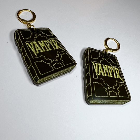 Buffy the Vampire Slayer Vampyr tome earrings and keychains handmade for cult TV fans.