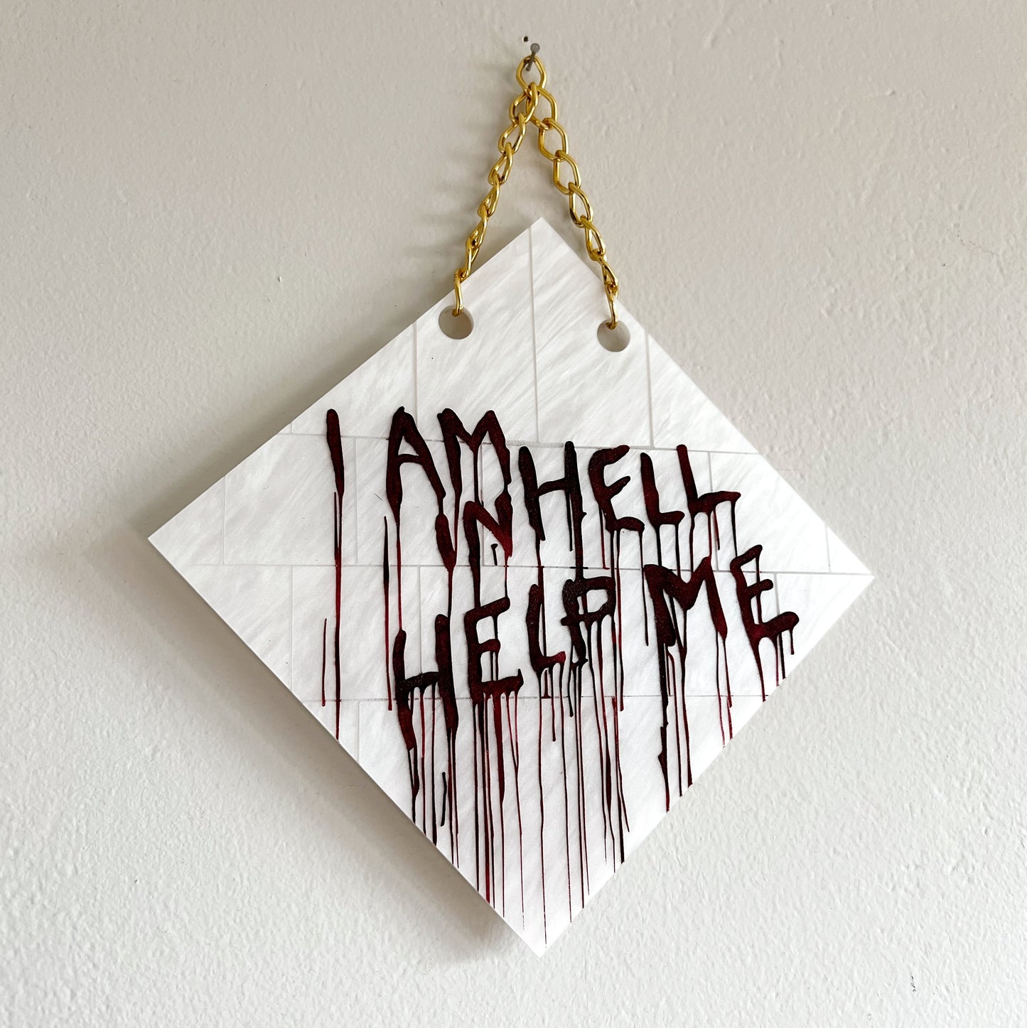 Hellraiser-inspired 'Help Me' tile wall hanging – Gothic horror decor for fans of Clive Barker’s cult classic.