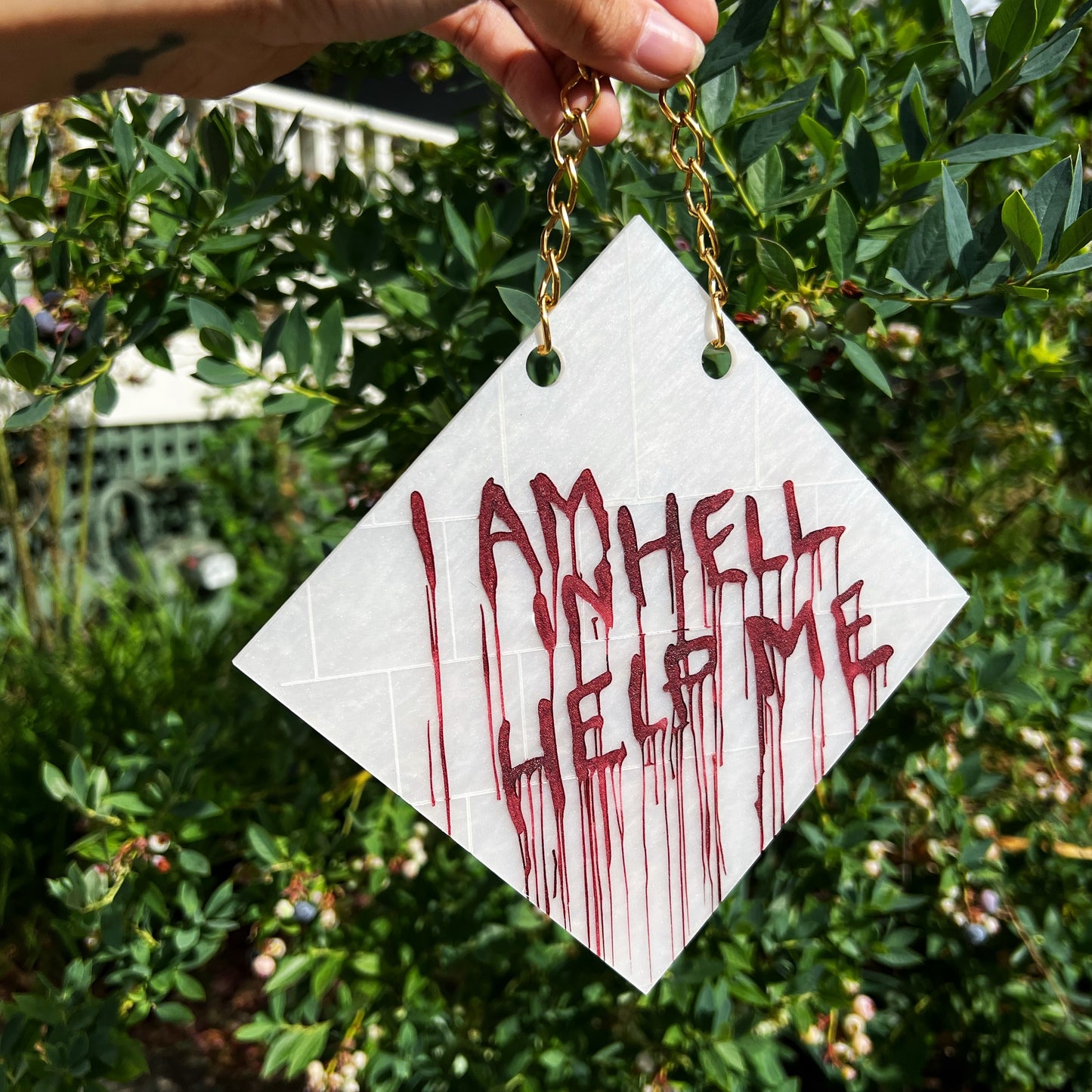 Hellraiser-inspired 'Help Me' tile wall hanging – Gothic horror decor for fans of Clive Barker’s cult classic.
