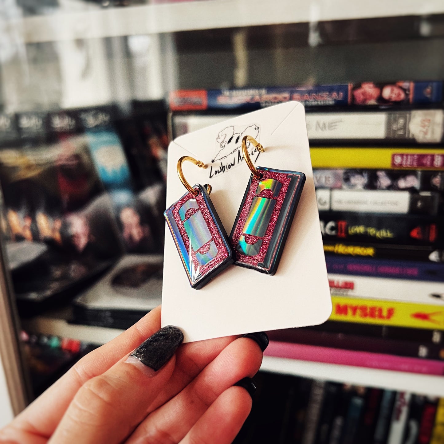 Holographic Pink Glitter VHS Tape Hoops