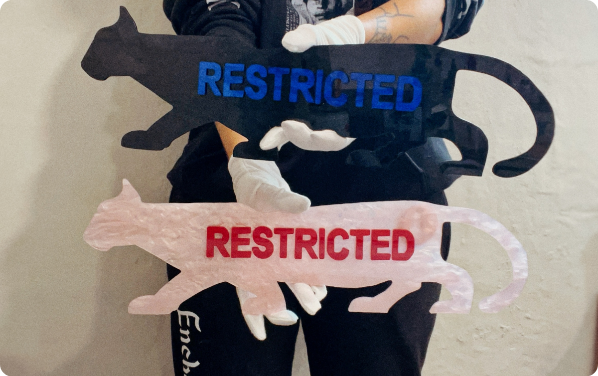 Examples of finished Restricted Panther Wall Art Pieces by Lowbrow Antics, in Pink and Red Pearl Colorway as well as Black and Blue colorway.
