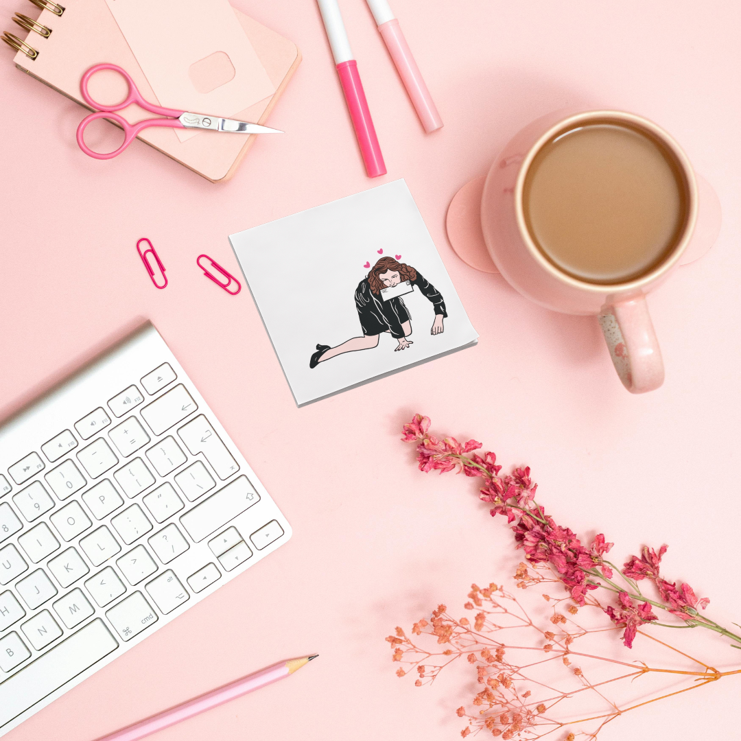 Close-up of sticky note pad artwork inspired by the cult film Secretary.