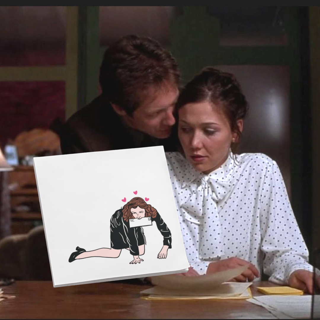 Secretary inspired sticky note pad featuring original artwork of Lee crawling with a letter in her mouth.