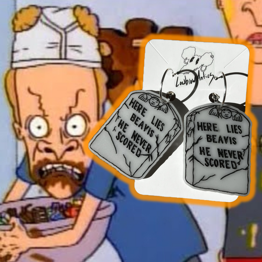 Here Lies Beavis earrings & keychains – Beavis and Butt-Head inspired 90s nostalgia jewelry & accessories.