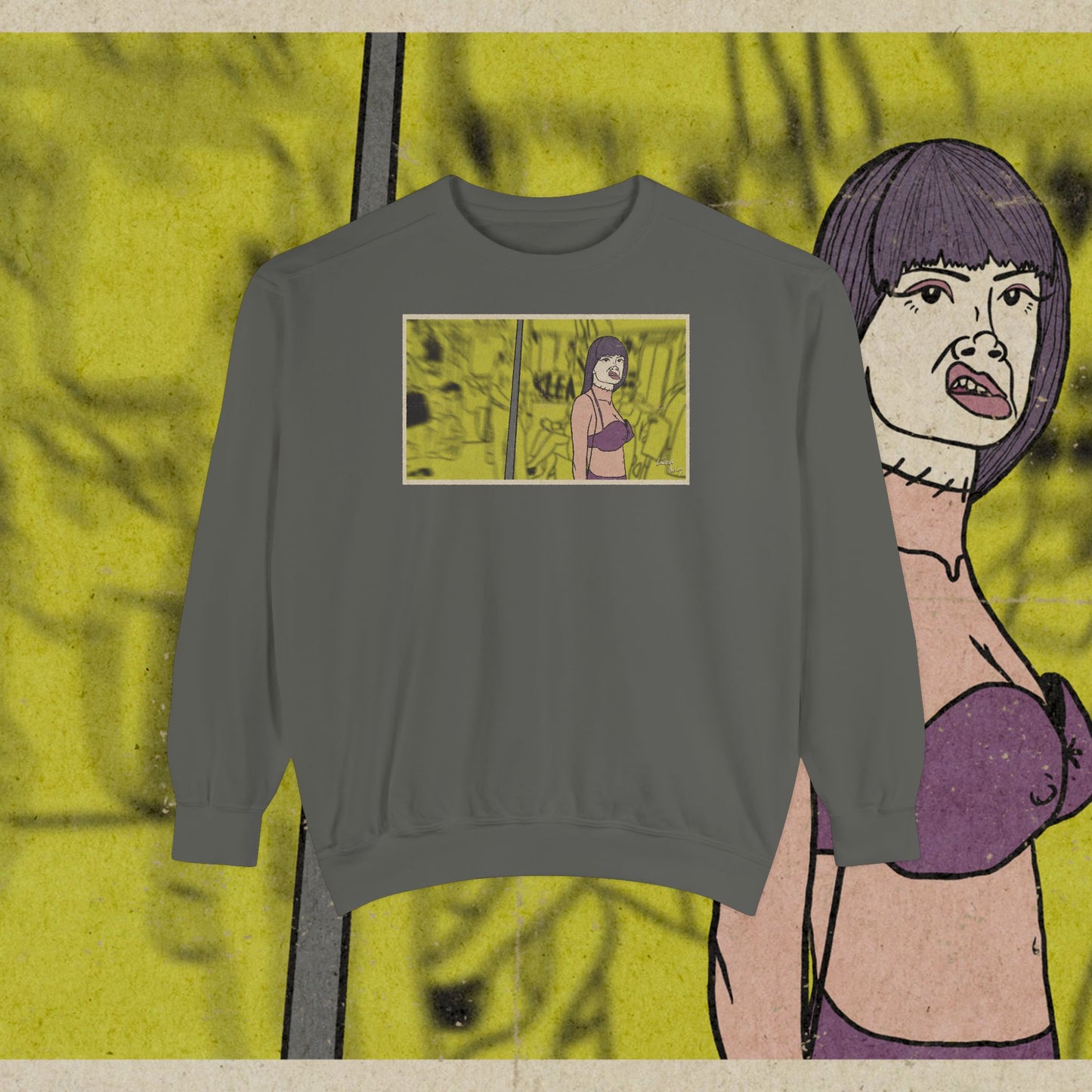 Unisex garment-dyed Frankenhooker sweatshirt inspired by the cult classic horror-comedy.