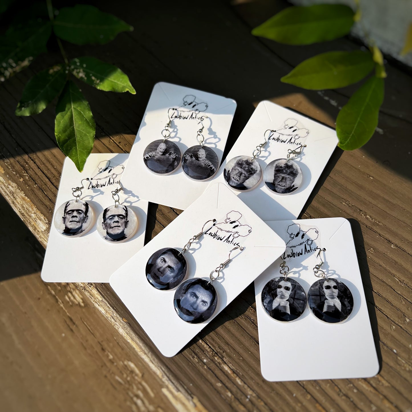 Frankenstein pearlescent black-and-white earrings inspired by classic horror cinema.