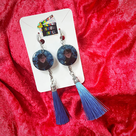 Hausu Blue Faces Charm Tassel Earrings