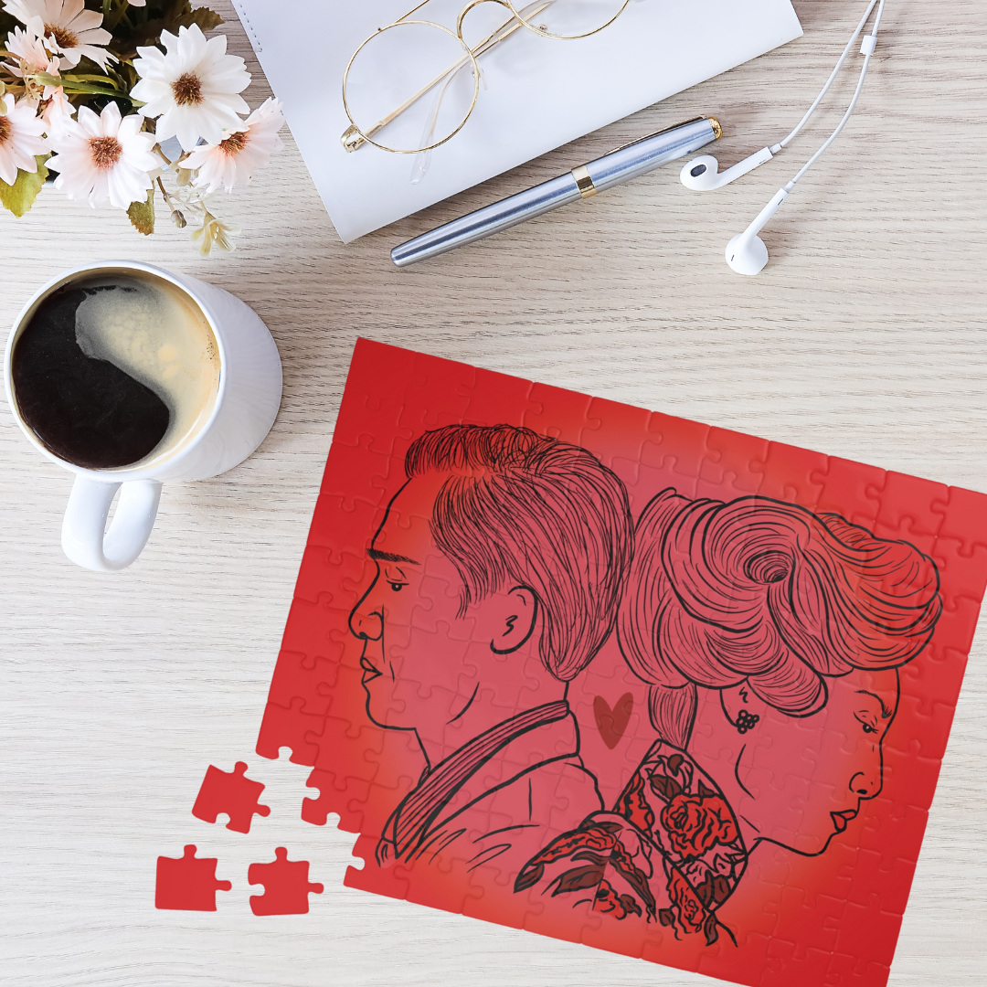 In the Mood for Love inspired art puzzle featuring Mrs. Chan and Chow Mo-wan in a vibrant red color palette.