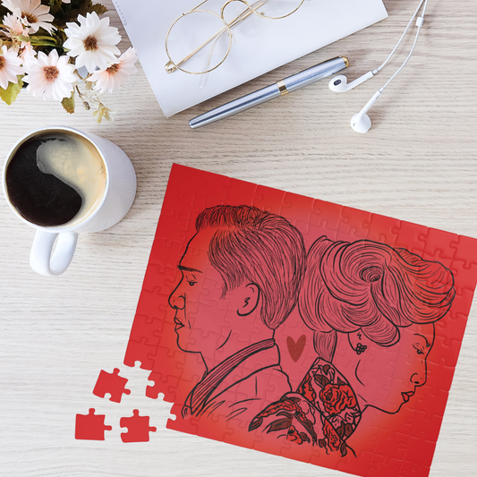 In the Mood for Love inspired art puzzle featuring Mrs. Chan and Chow Mo-wan in a vibrant red color palette.
