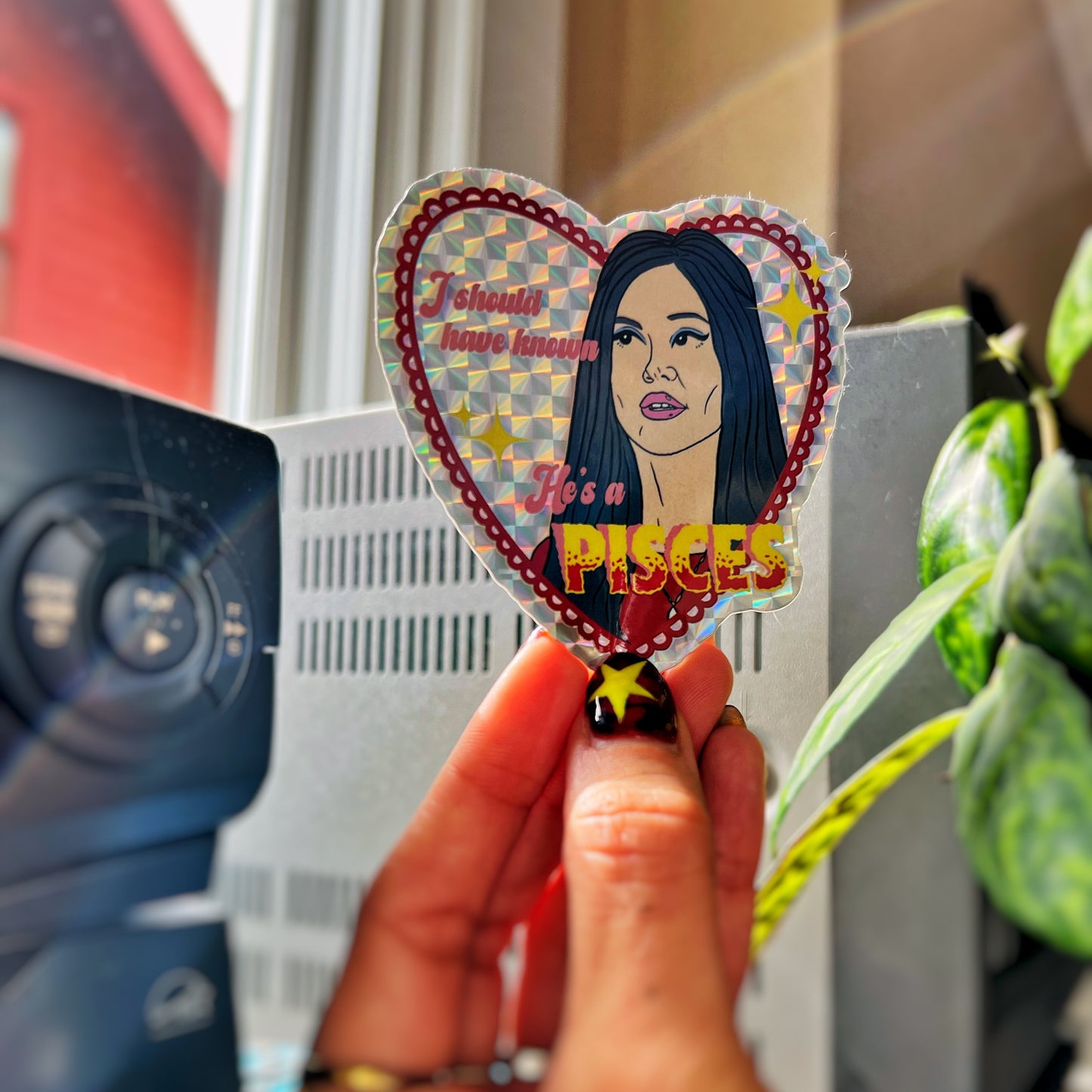 Heart-shaped sticker with Elaine from The Love Witch's face and text that reads "I Should have known, he's a Pisces"held by a hand in front of a window.