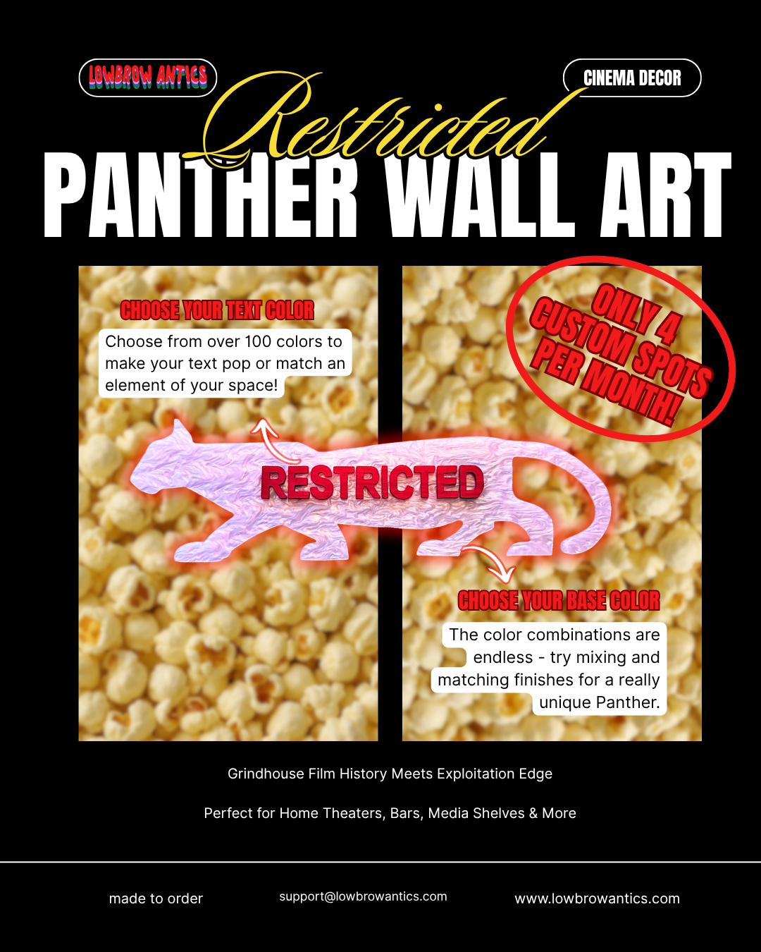 Wall art inspired by the Grindhouse Cult Film Restricted Panther logo, featuring customizeable color options.