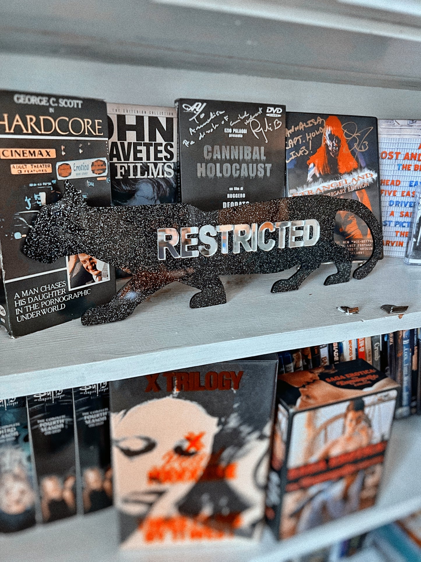 Example of a finished Restricted Panther Wall Art Piece by Lowbrow Antics, in Black Glitter and Mirror Text Colorway.