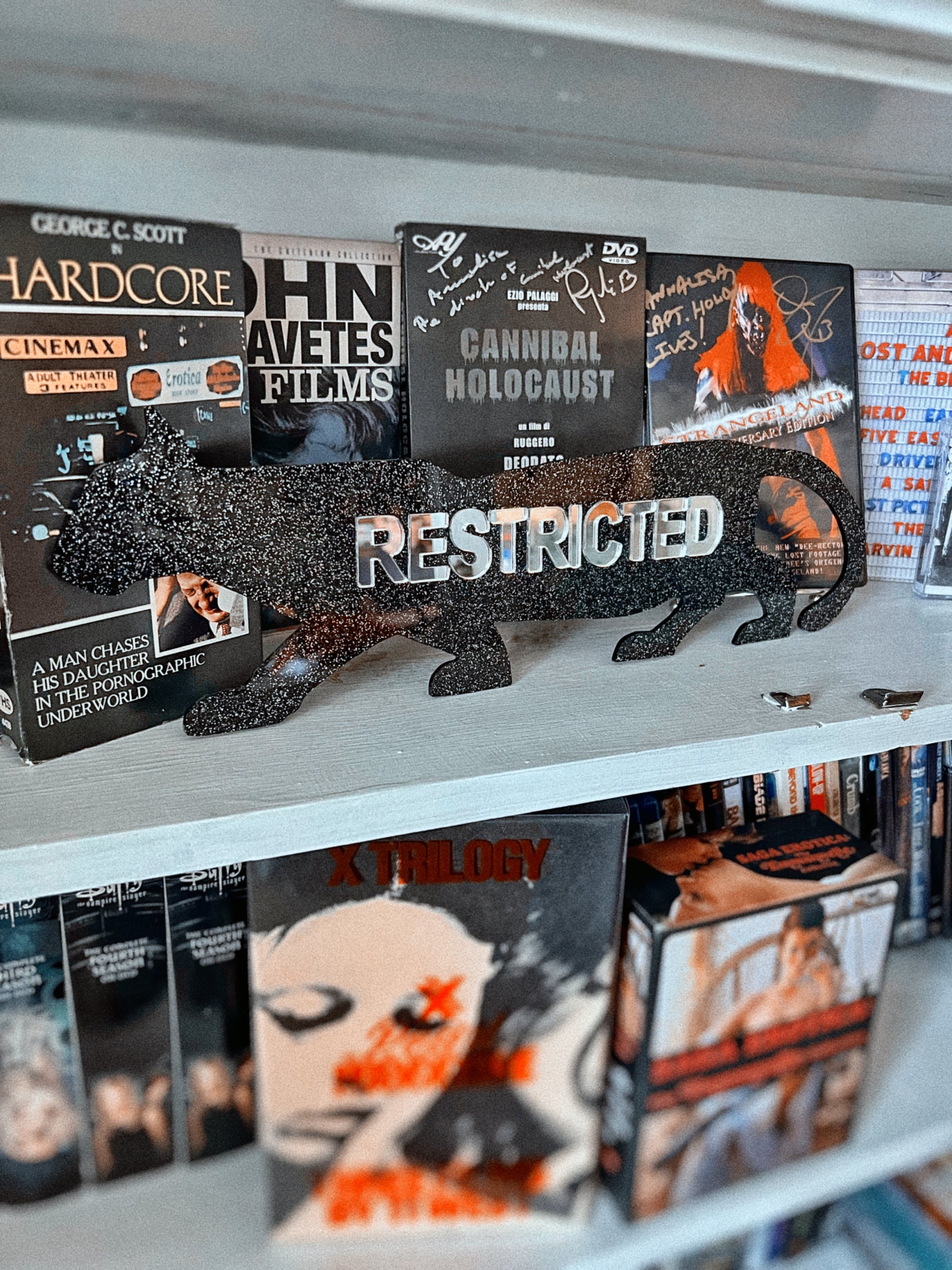 Example of a finished Restricted Panther Wall Art Piece by Lowbrow Antics, in Black Glitter and Mirror Text Colorway.